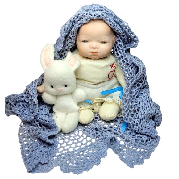 Sweet Little Vintage Byelo Baby Doll Reproduction W/Embroidry Heart & Bunny Doll - Picture 1 of 11